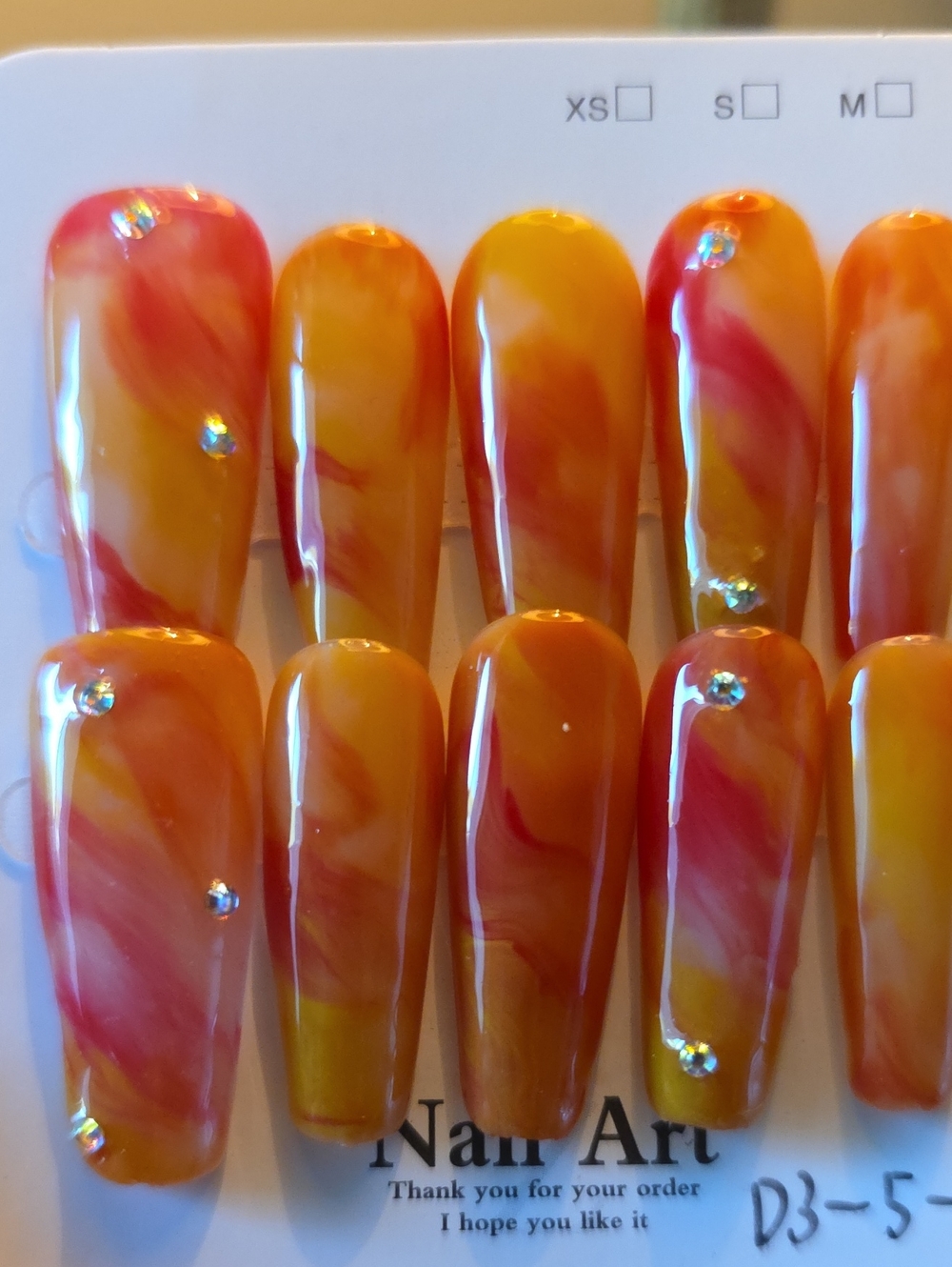 Orange Marble Press-On Nails with Rhinestones - Size Large